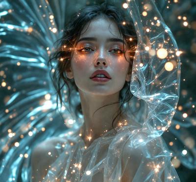 The primary subject of the image is a woman with a glowing face, likely due to a lighting effect or a special makeup application. She is wearing a white dress and has her hair wrapped around her face. The setting appears to be a dark room, with a backdrop of a blue and white pattern. The visual style of the image is a combination of a photo and digital art, creating a unique and eye-catching effect. The colors and mood of the image are predominantly dark and mysterious, with the woman's glowing face being the main focal point.